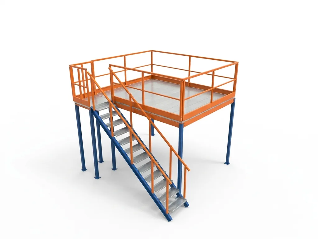 Altillo metálico 3,78 × 2,99 m · 11 m² · 500 kg/m² · Azul/Naranja