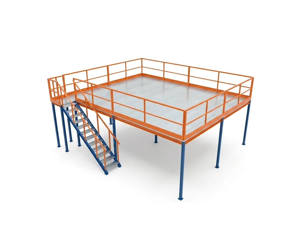Altillo metálico 7,44 × 5,88 m · 44 m² · 500 kg/m² · Azul/Naranja