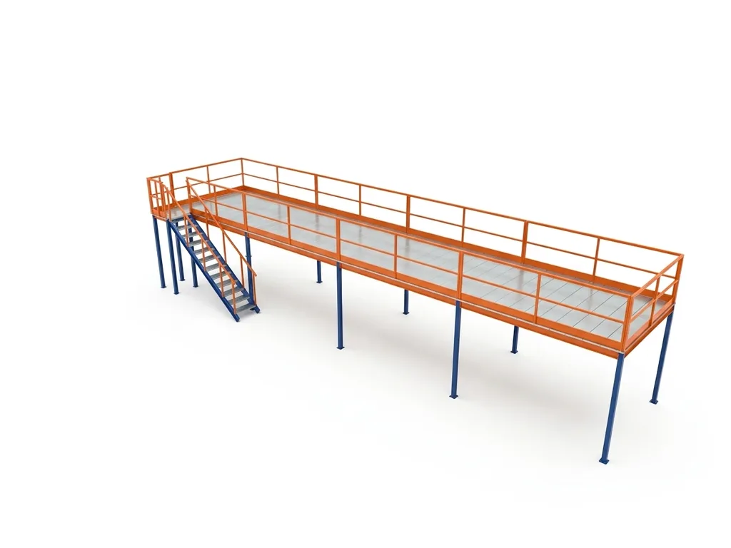 Altillo metálico 14,76 × 2,99 m · 44 m² · 500 kg/m² · Azul/Naranja