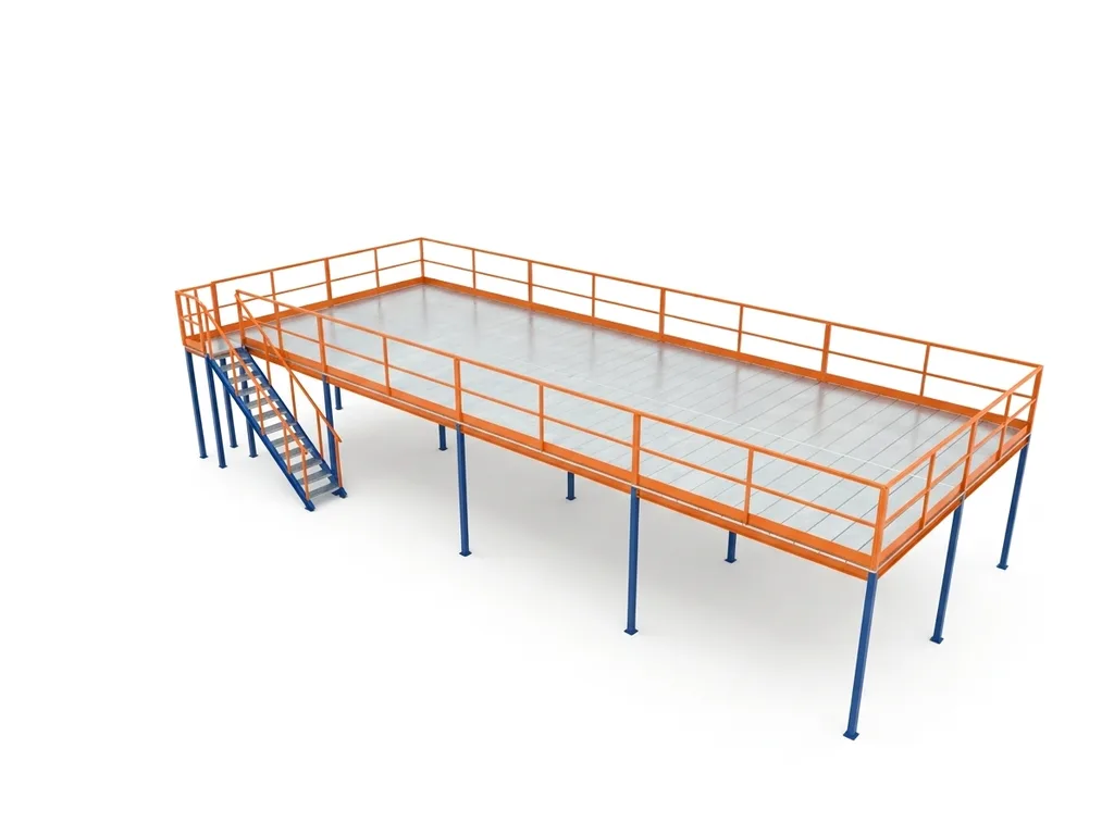 Altillo metálico 14,76 × 5,88 m · 87 m² · 500 kg/m² · Azul/Naranja