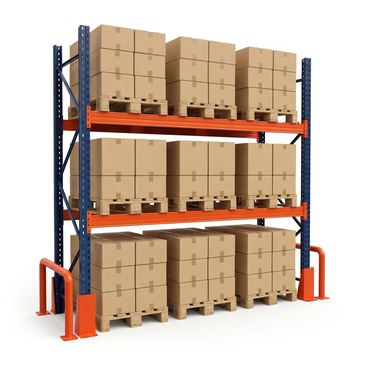 Rack à palettes 1500 kg · 2 niveaux · 255x269x100 cm · 3 palettes Bleu/Orange 7