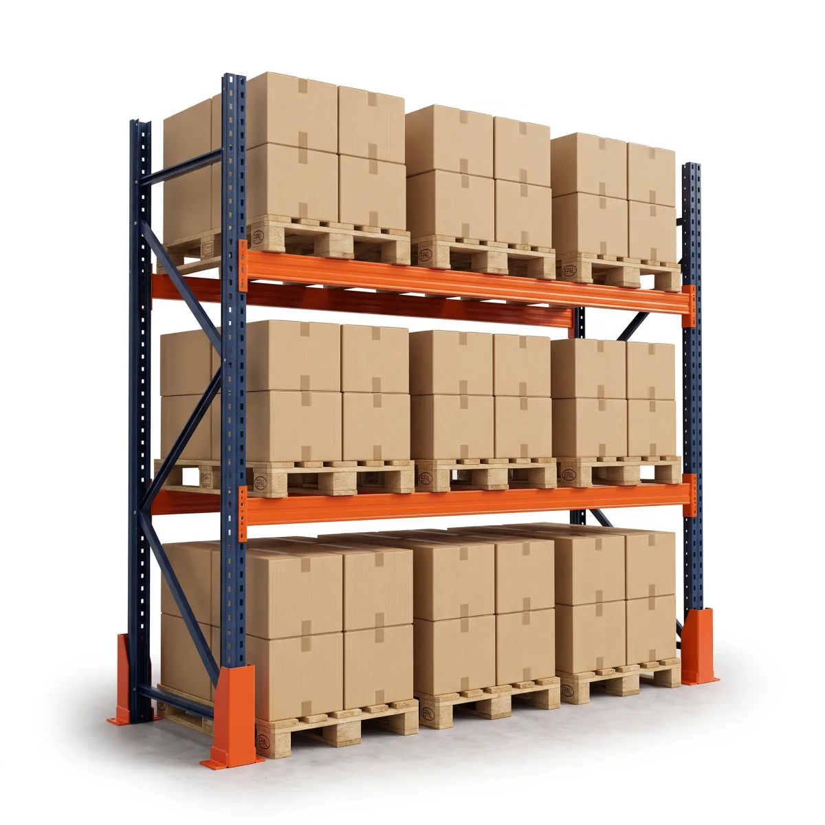 Rack à palettes 1500 kg · 2 niveaux · 255x269x100 cm · 3 palettes Bleu/Orange 5