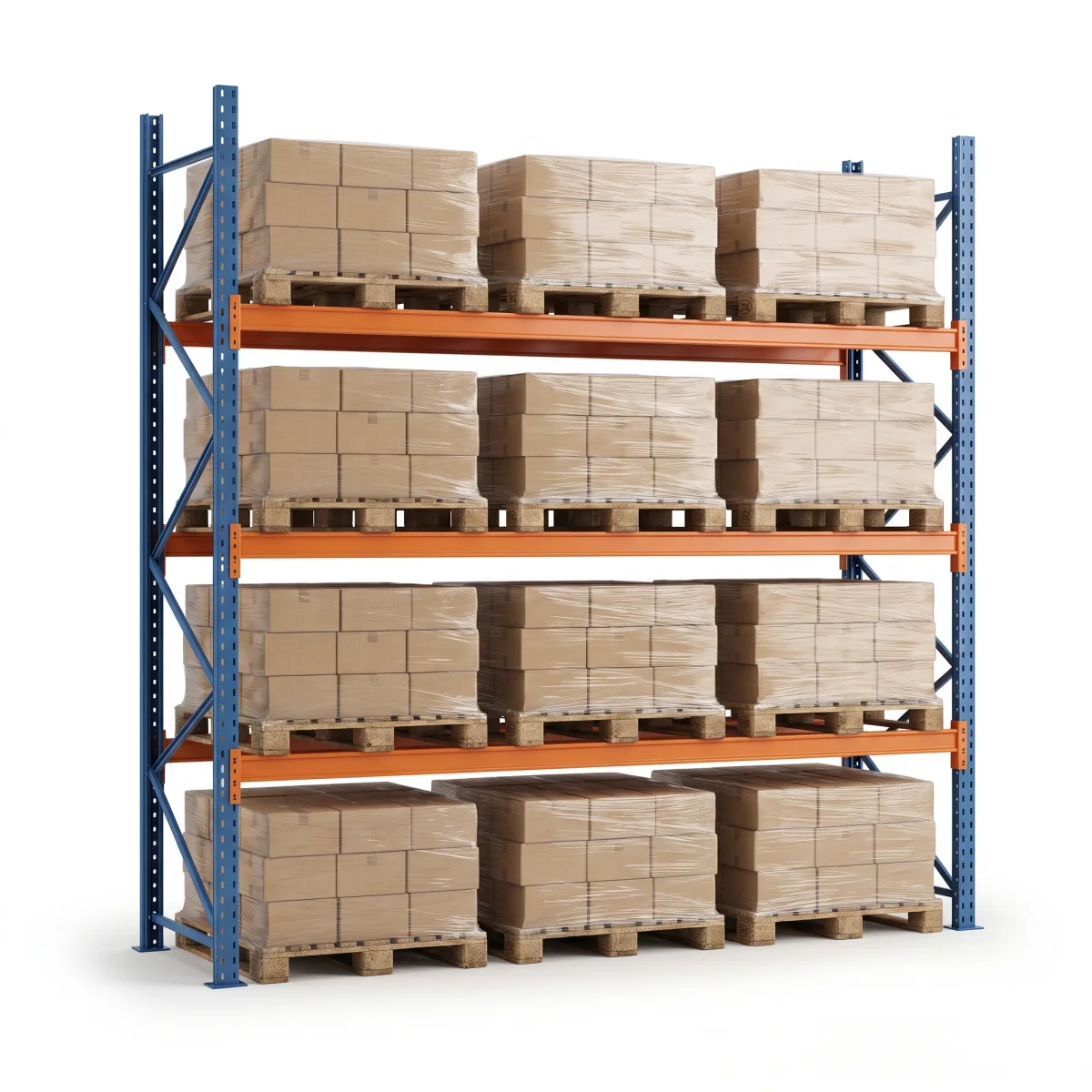 Estante Porta Pallets 1000 kg · 3 Níveis · 300x269x100 cm · 3 paletes Azul/Laranja 16