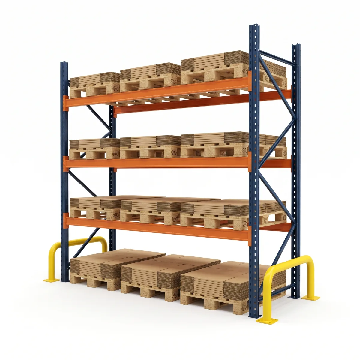 Estante Porta Pallets 1000 kg · 3 Níveis · 300x269x100 cm · 3 paletes Azul/Laranja 3