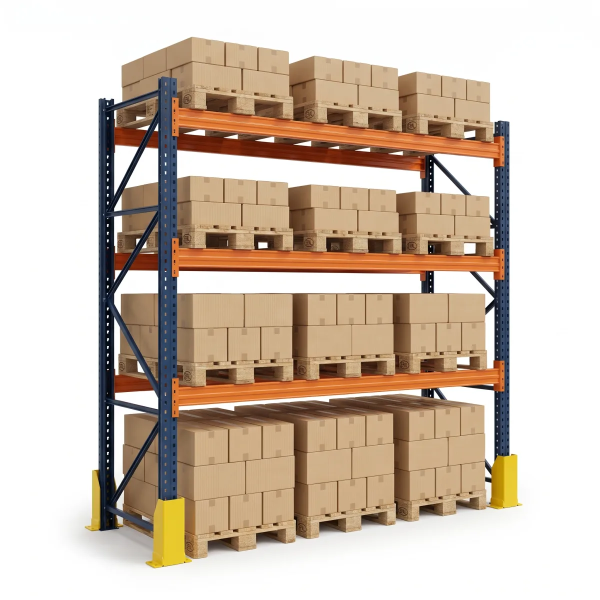 Estante Porta Pallets 1000 kg · 3 Níveis · 300x269x100 cm · 3 paletes Azul/Laranja 2