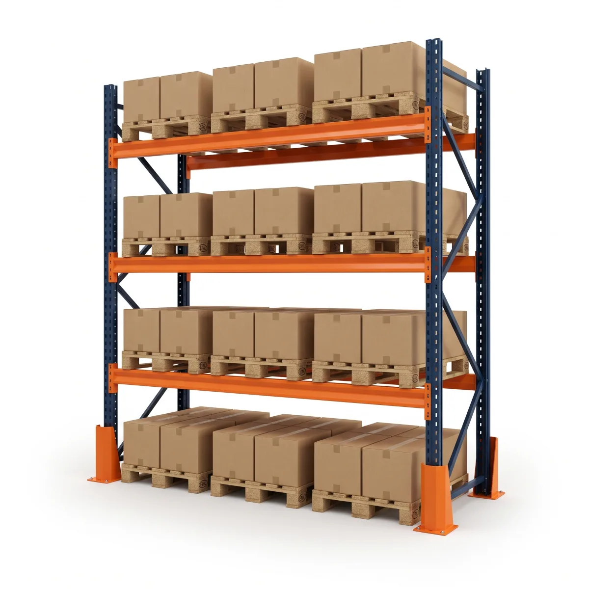 Estante Porta Pallets 1000 kg · 3 Níveis · 300x269x100 cm · 3 paletes Azul/Laranja 5