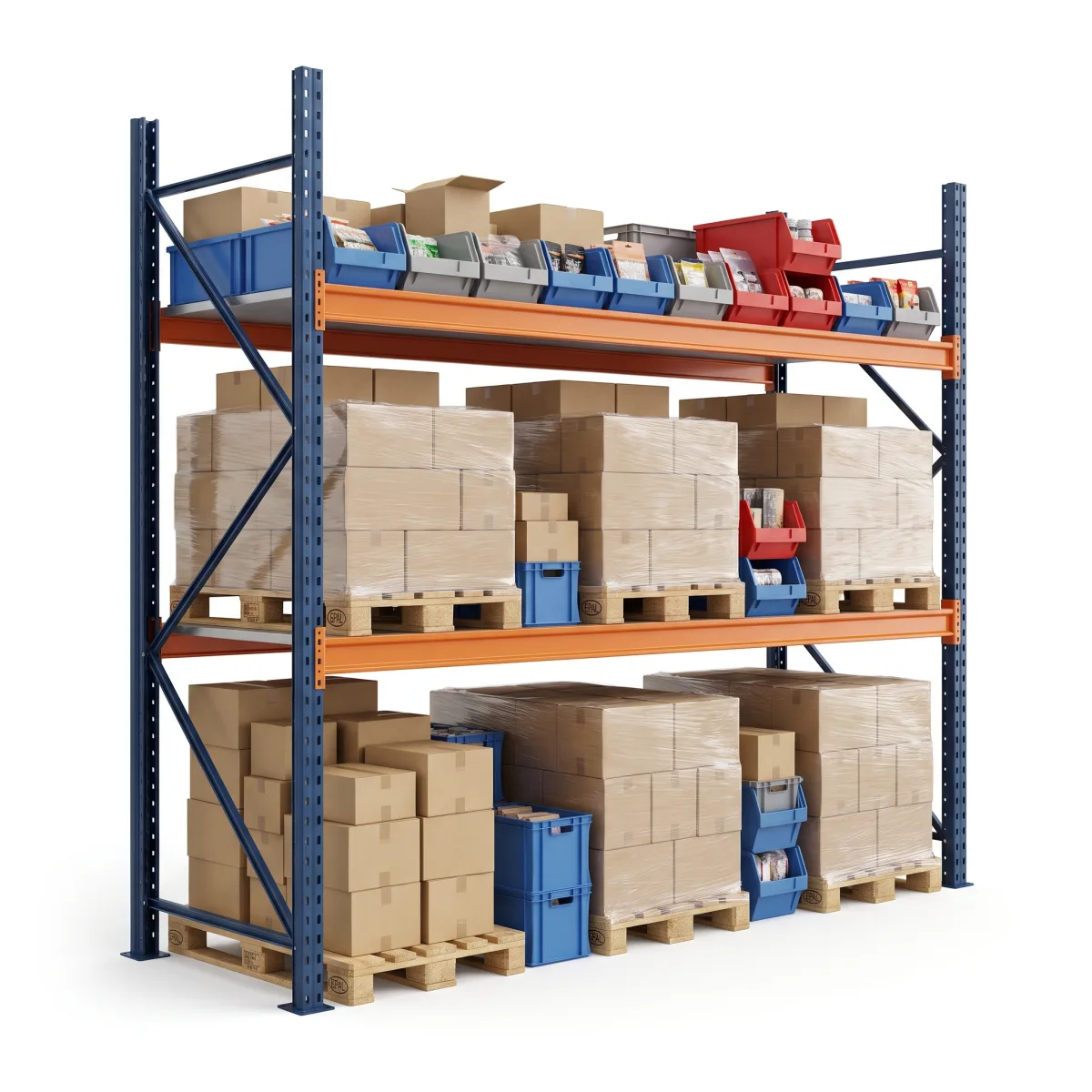 Racks de Armazenagem 1000 kg · 2 Níveis · 255x269x100 cm · 3 paletes Azul/Laranja 8