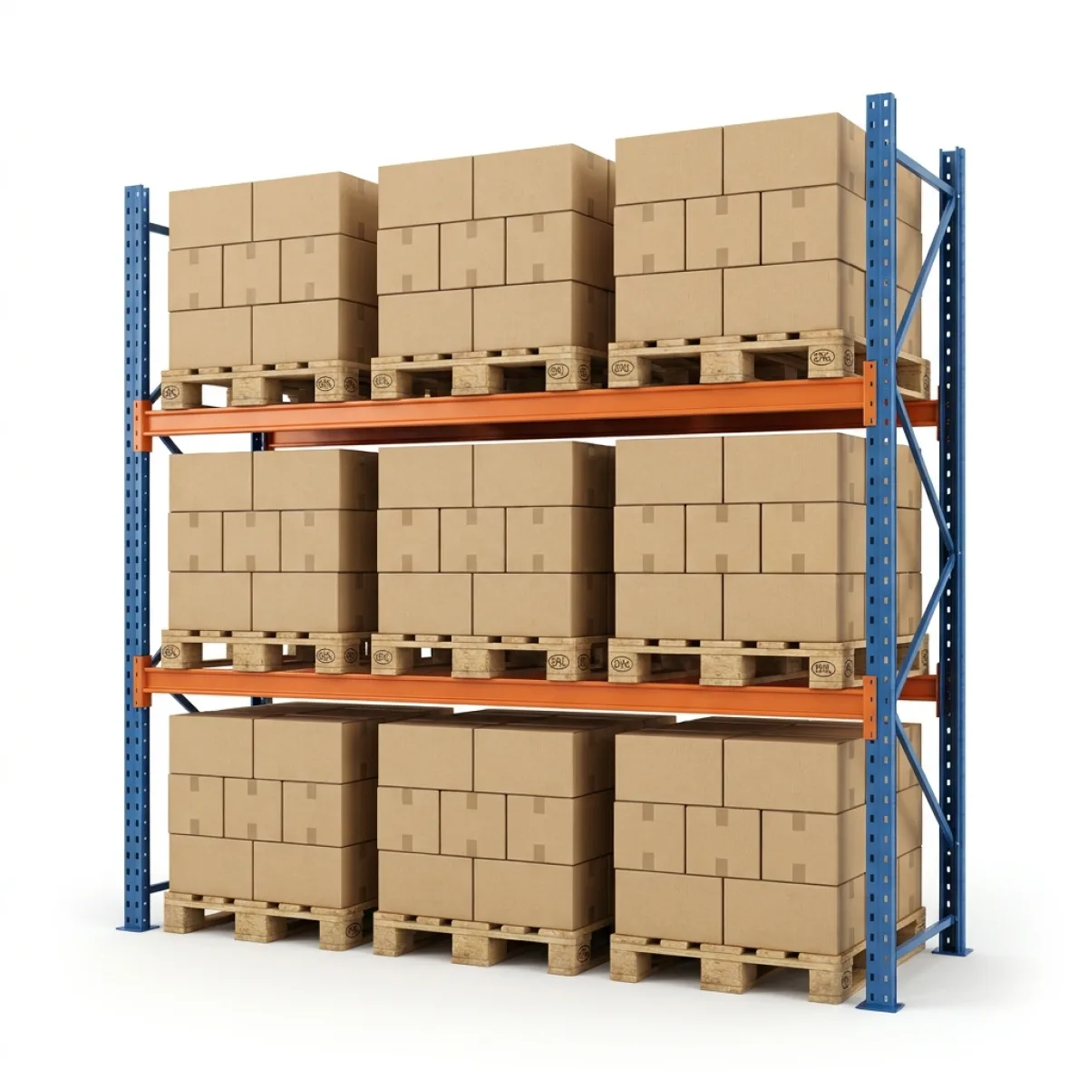 Racks de Armazenagem 1000 kg · 2 Níveis · 255x269x100 cm · 3 paletes Azul/Laranja 9