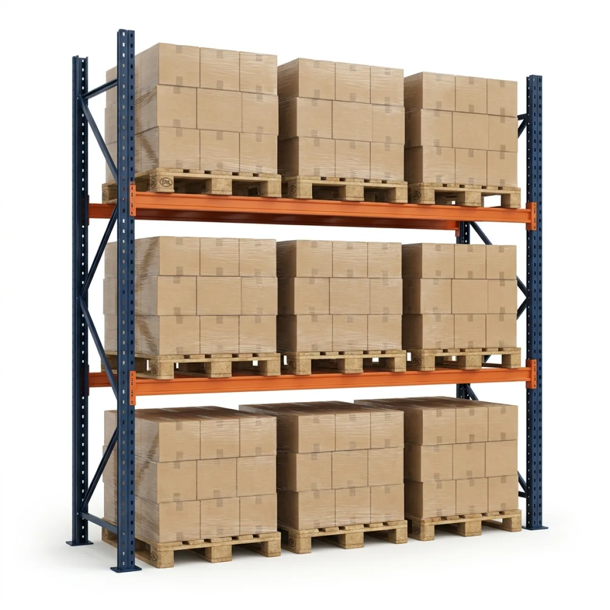 Racks de Armazenagem 1000 kg · 2 Níveis · 255x269x100 cm · 3 paletes Azul/Laranja 10