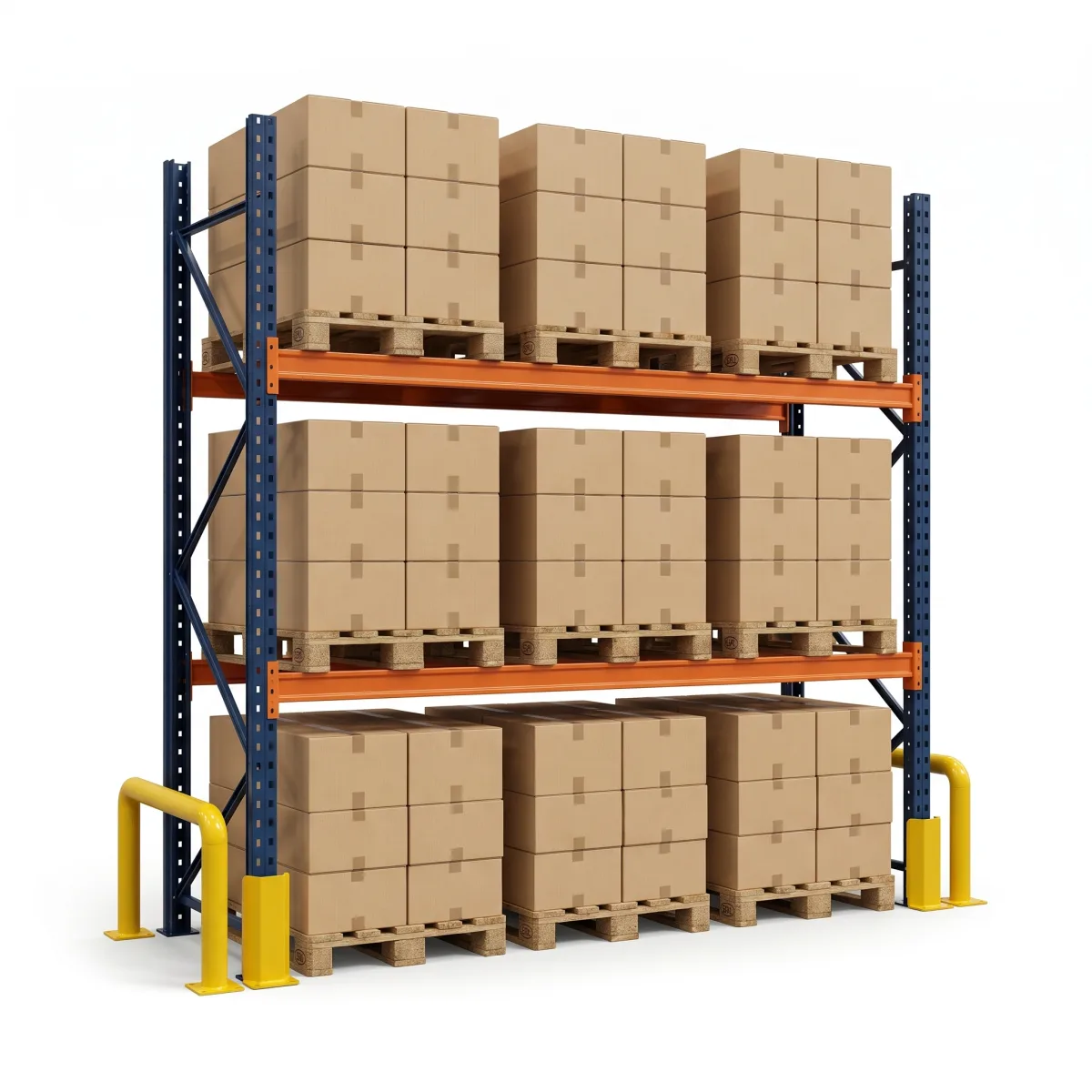 Racks de Armazenagem 1000 kg · 2 Níveis · 255x269x100 cm · 3 paletes Azul/Laranja 4