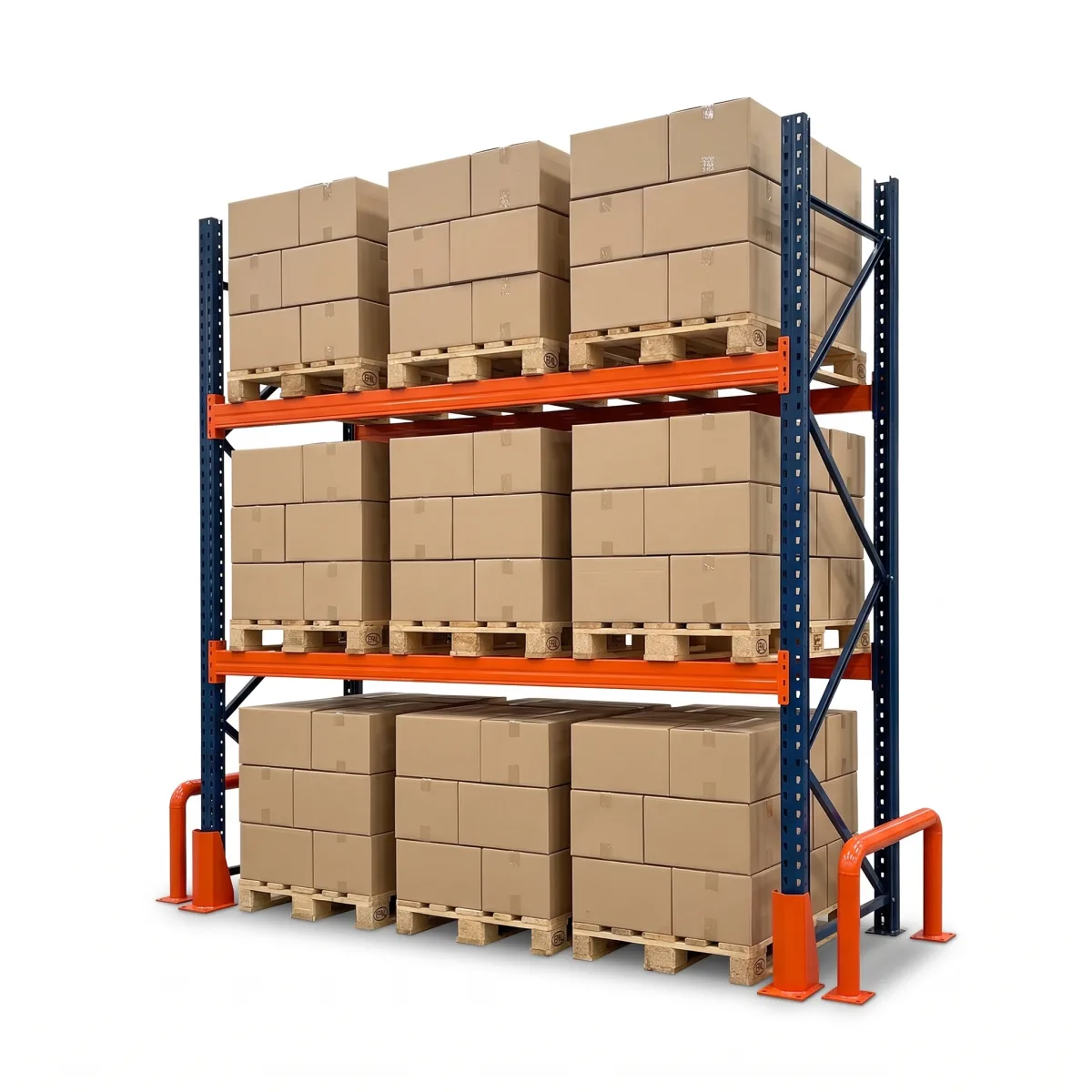Racks de Armazenagem 1000 kg · 2 Níveis · 255x269x100 cm · 3 paletes Azul/Laranja 7