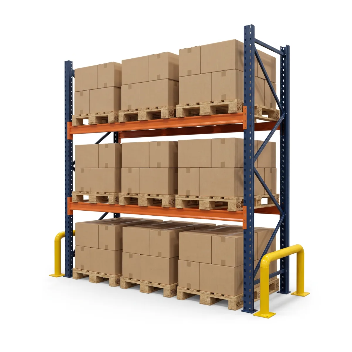 Racks de Armazenagem 1000 kg · 2 Níveis · 255x269x100 cm · 3 paletes Azul/Laranja 3
