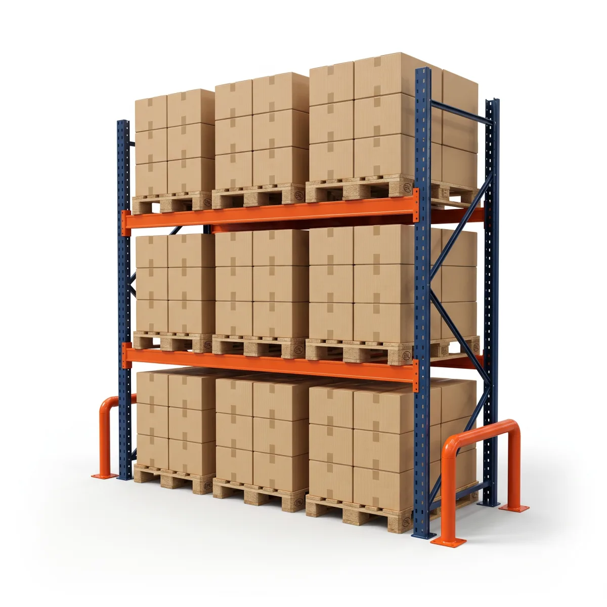 Racks de Armazenagem 1000 kg · 2 Níveis · 255x269x100 cm · 3 paletes Azul/Laranja 6