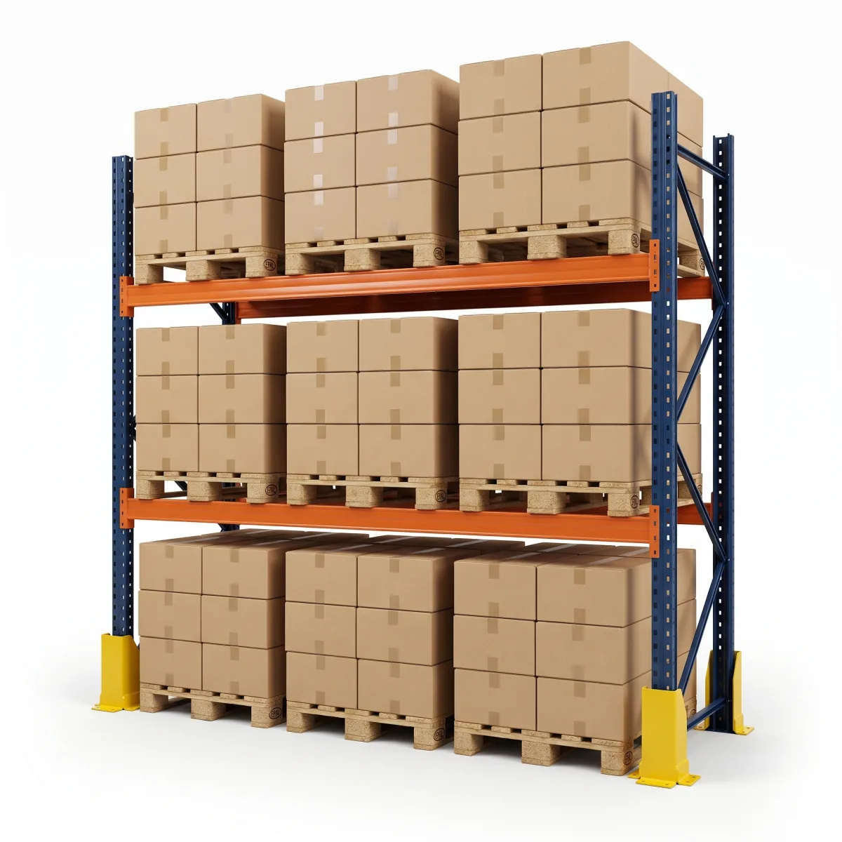 Racks de Armazenagem 1000 kg · 2 Níveis · 255x269x100 cm · 3 paletes Azul/Laranja 2