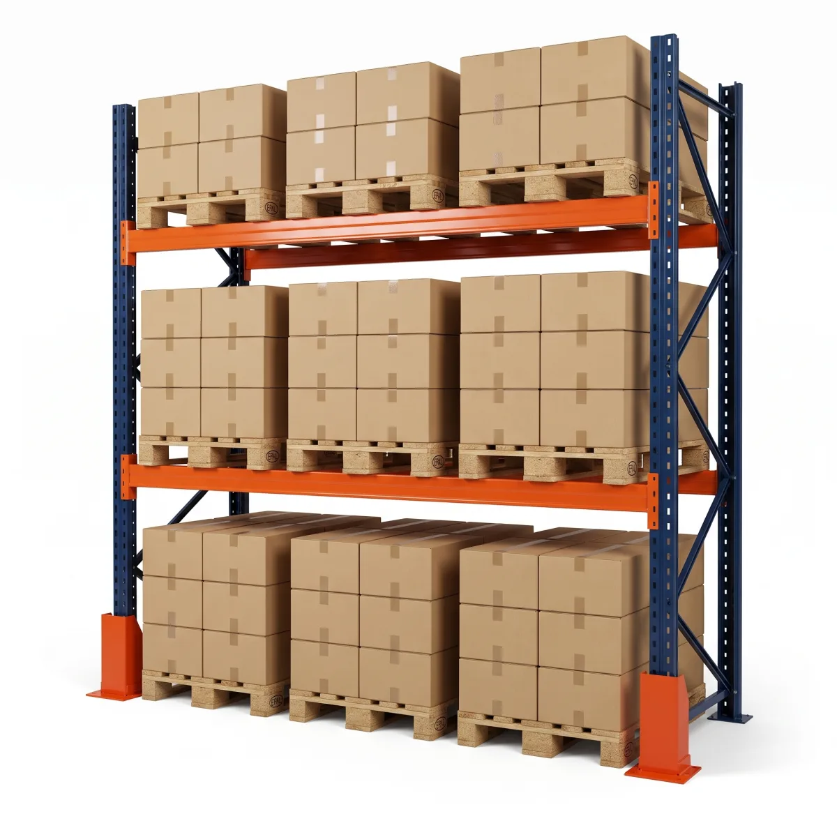Racks de Armazenagem 1000 kg · 2 Níveis · 255x269x100 cm · 3 paletes Azul/Laranja 5