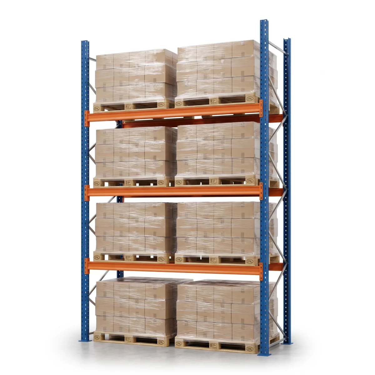 Rack para Pallets 1000 kg · 3 Níveis · 353x184x100 cm · 2 paletes Azul/Laranja 15