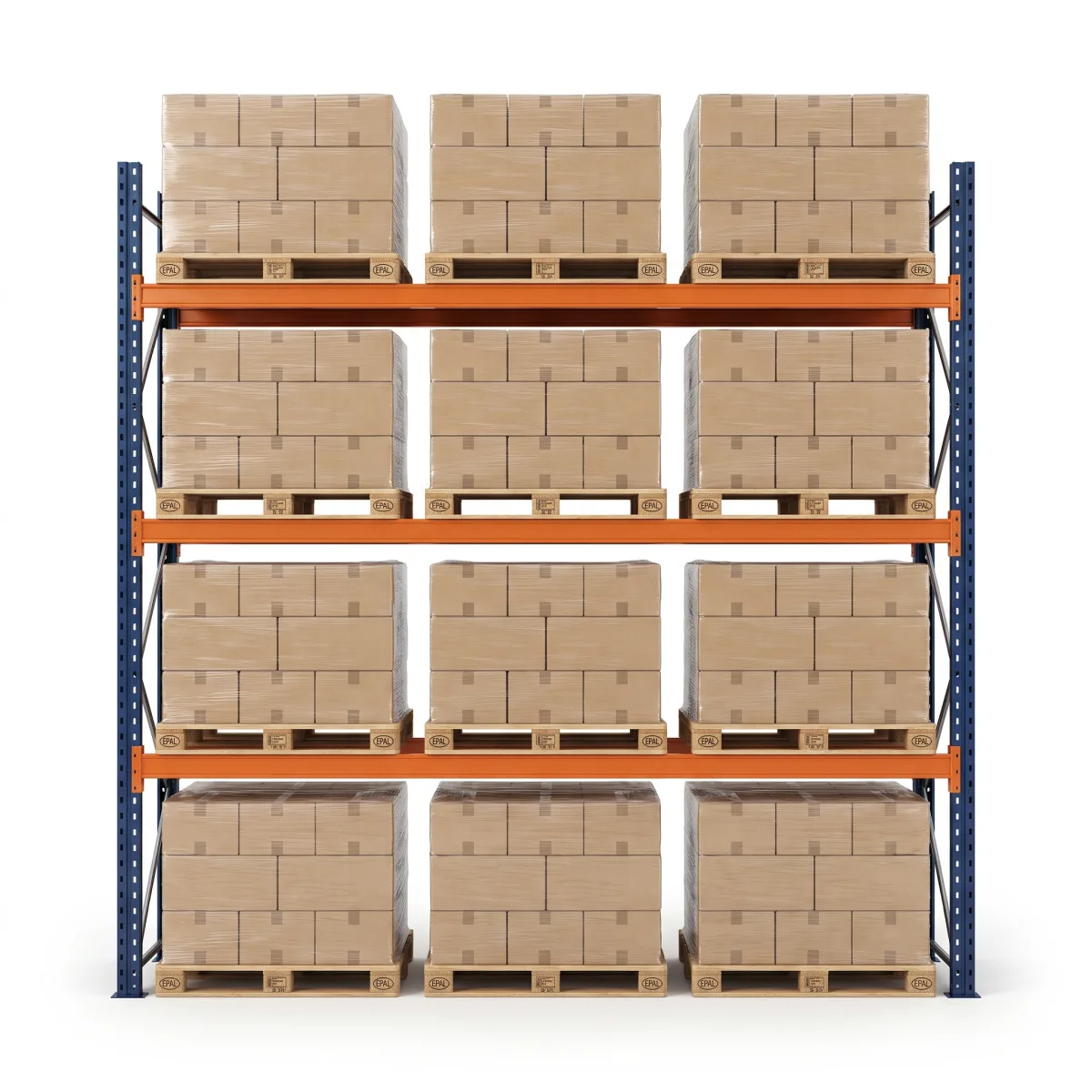 Rack palettier 1000 kg · 3 niveaux · 353x269x100 cm · 3 palettes Bleu/Orange 16