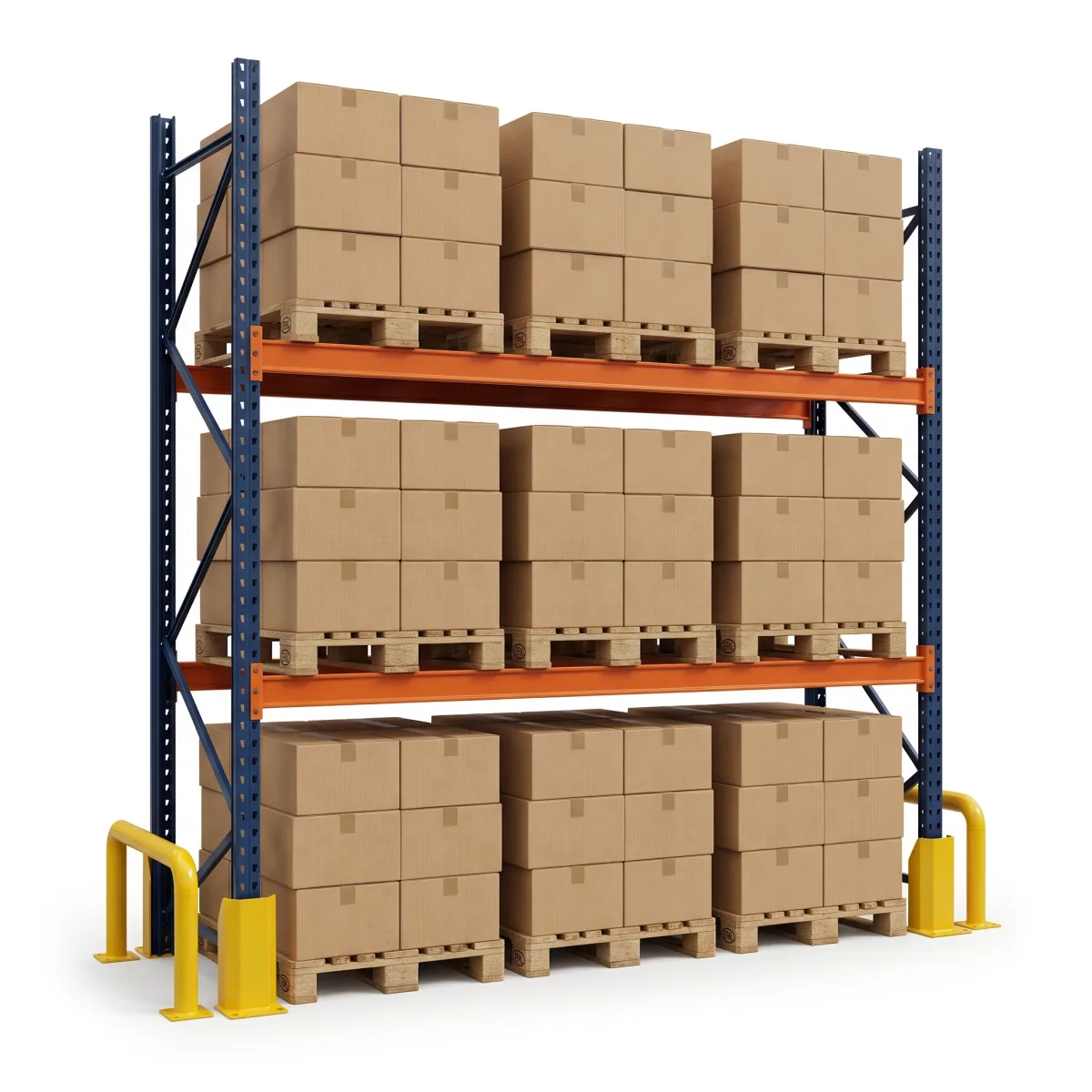 Estante de Pallets 1500 kg · 2 Níveis · 300x269x100 cm · 3 paletes Azul/Laranja 4