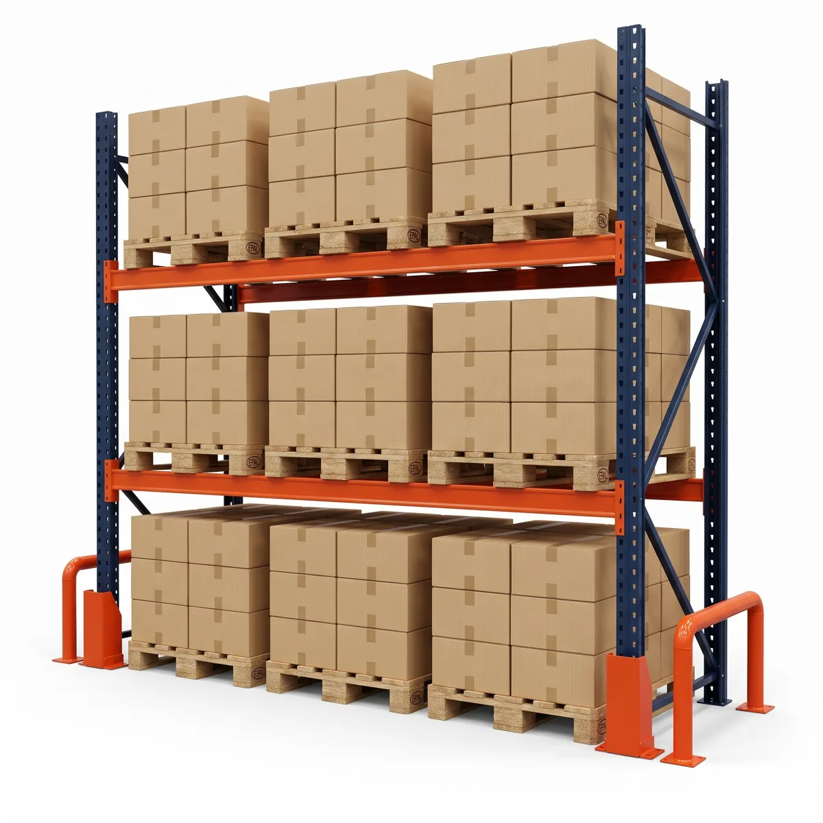 Estante de Pallets 1500 kg · 2 Níveis · 300x269x100 cm · 3 paletes Azul/Laranja 7