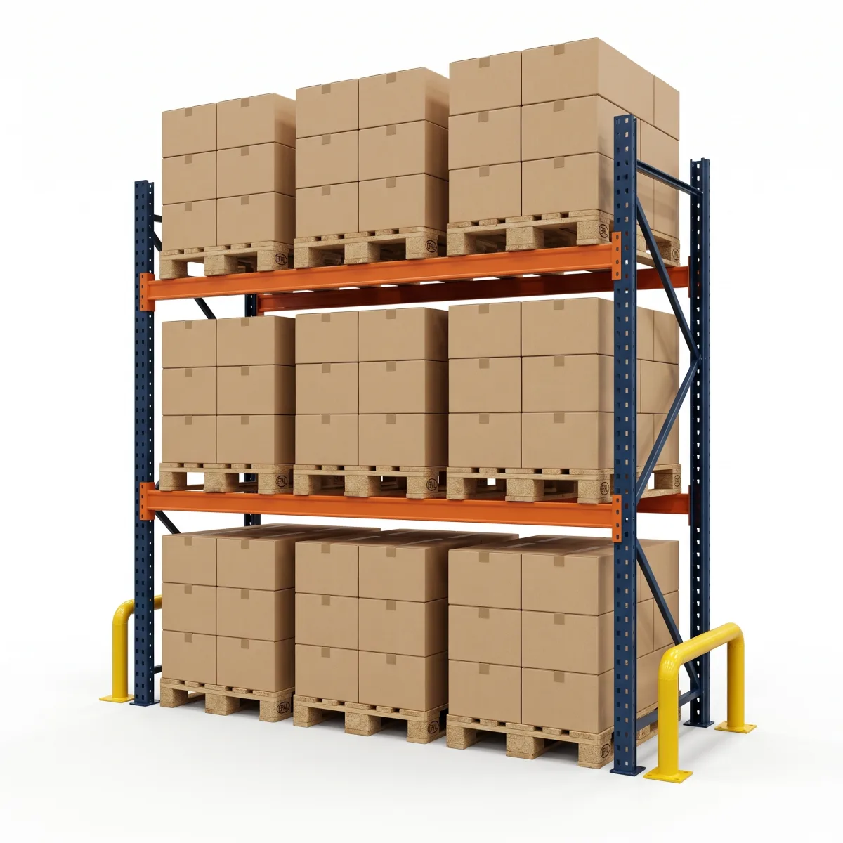 Estante de Pallets 1500 kg · 2 Níveis · 300x269x100 cm · 3 paletes Azul/Laranja 3