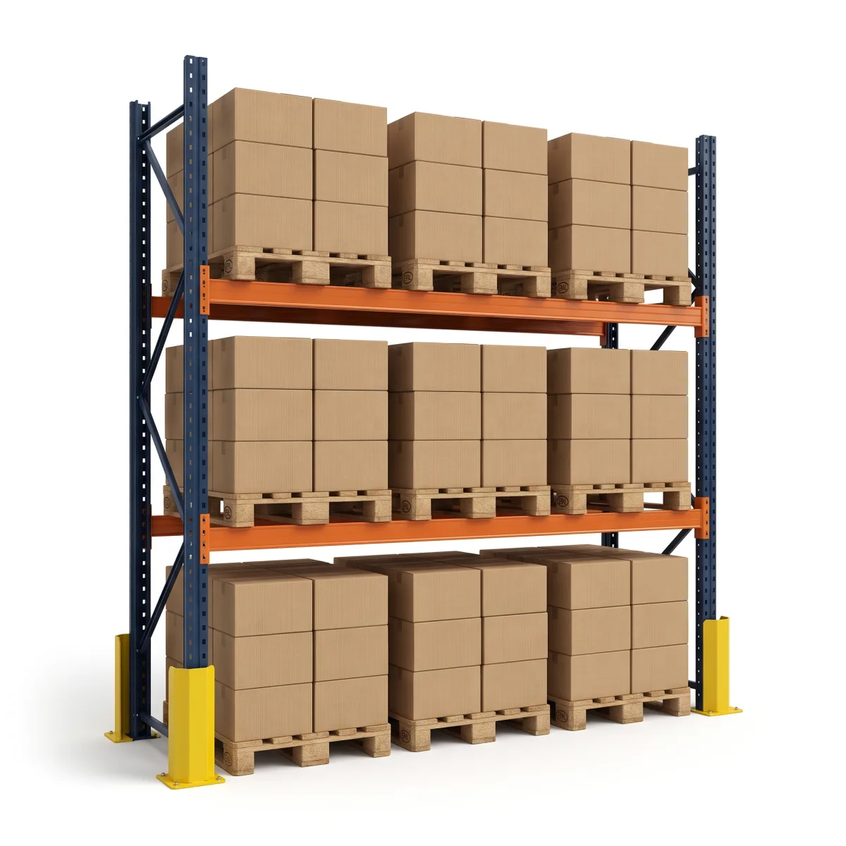 Estante de Pallets 1500 kg · 2 Níveis · 300x269x100 cm · 3 paletes Azul/Laranja 2