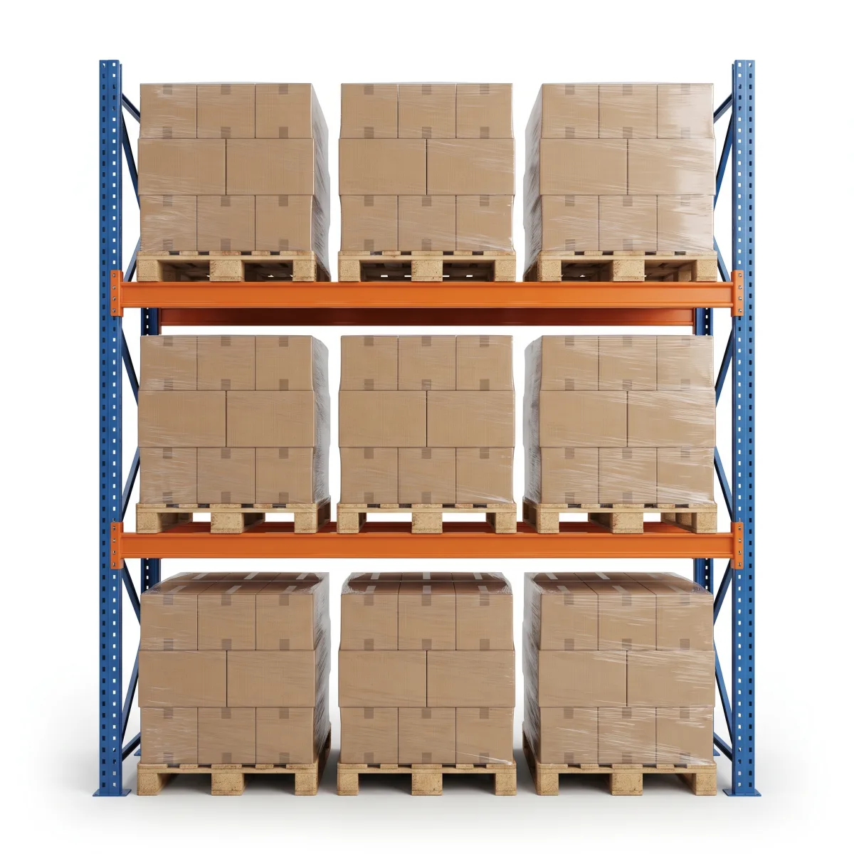Estante de Paletização 1000 kg · 2 Níveis · 353x269x100 cm · 3 paletes Azul/Laranja 14