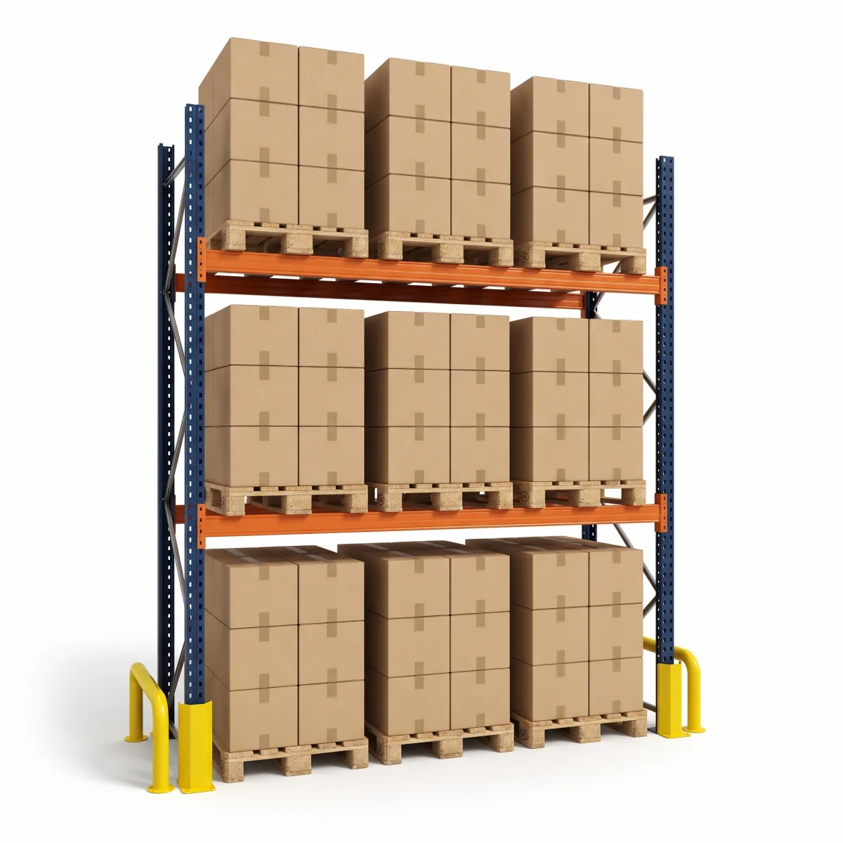 Estante de Paletização 1000 kg · 2 Níveis · 353x269x100 cm · 3 paletes Azul/Laranja 4