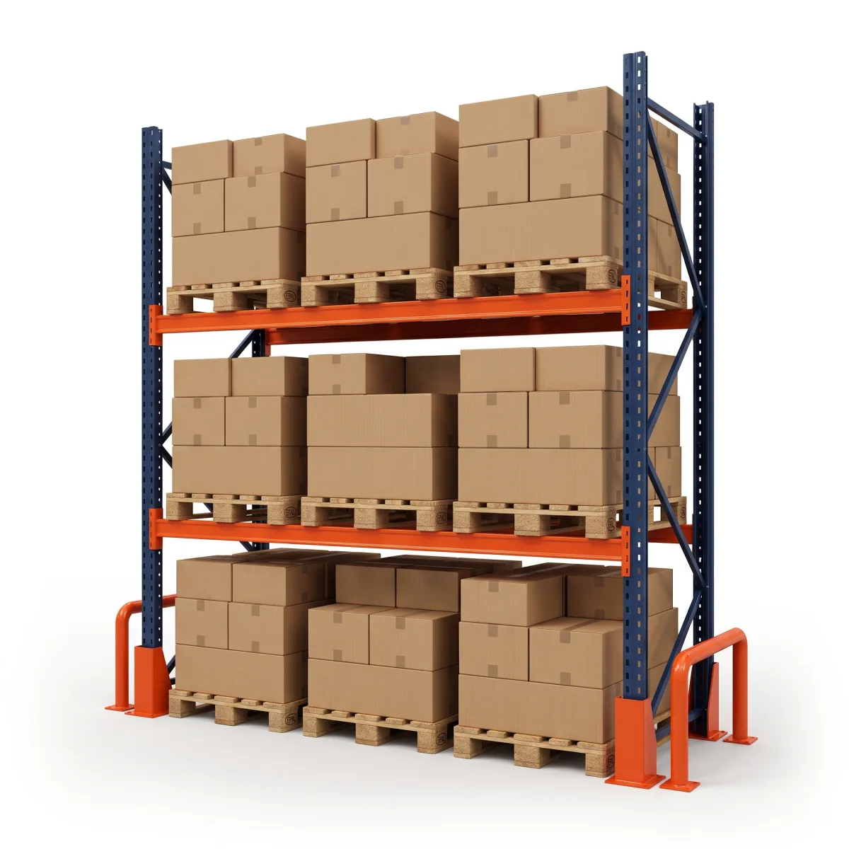 Estante de Paletização 1000 kg · 2 Níveis · 353x269x100 cm · 3 paletes Azul/Laranja 7
