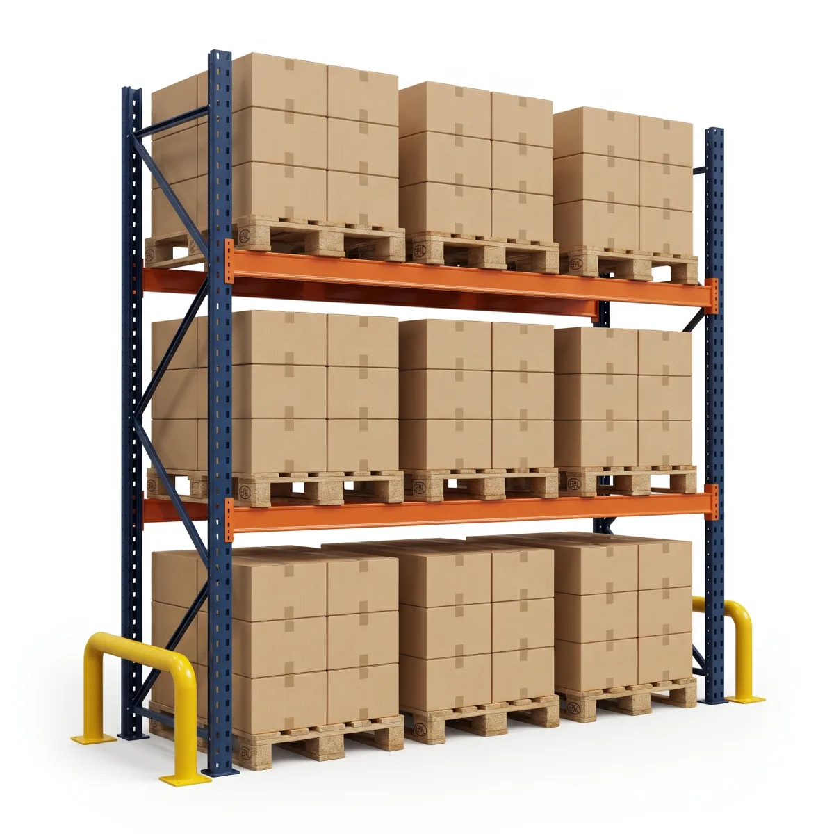 Estante de Paletização 1000 kg · 2 Níveis · 353x269x100 cm · 3 paletes Azul/Laranja 3
