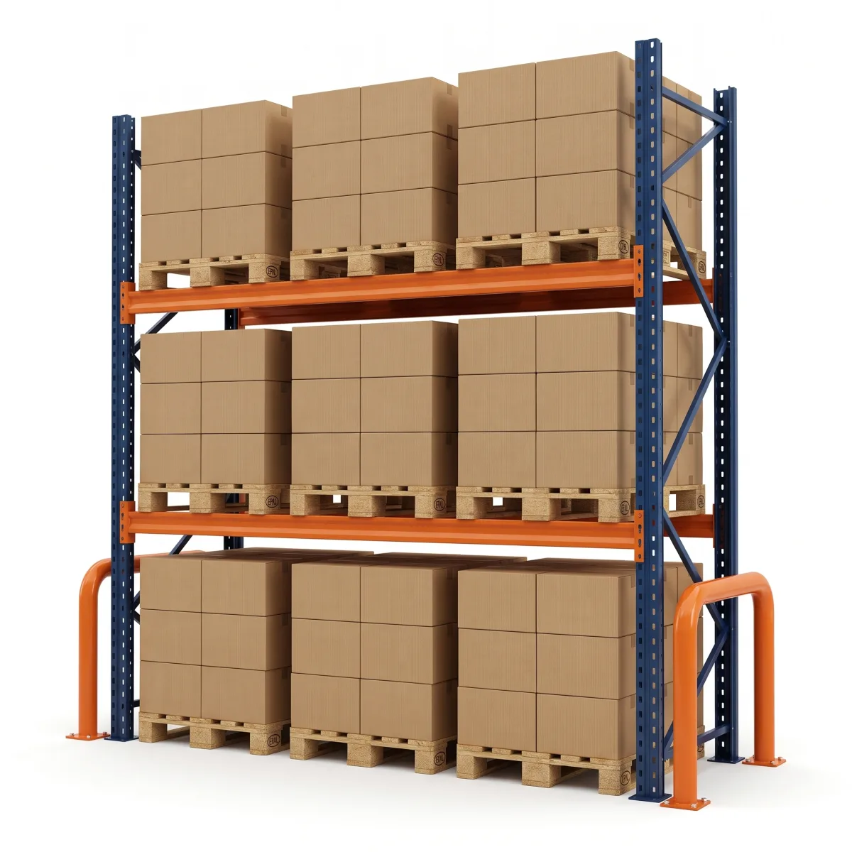 Estante de Paletização 1000 kg · 2 Níveis · 353x269x100 cm · 3 paletes Azul/Laranja 6