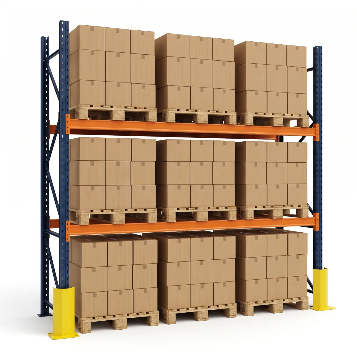 Estante de Paletização 1000 kg · 2 Níveis · 353x269x100 cm · 3 paletes Azul/Laranja 2