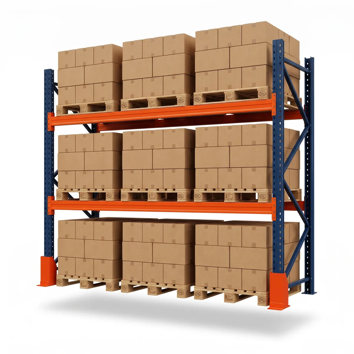 Estante de Paletização 1000 kg · 2 Níveis · 353x269x100 cm · 3 paletes Azul/Laranja 5